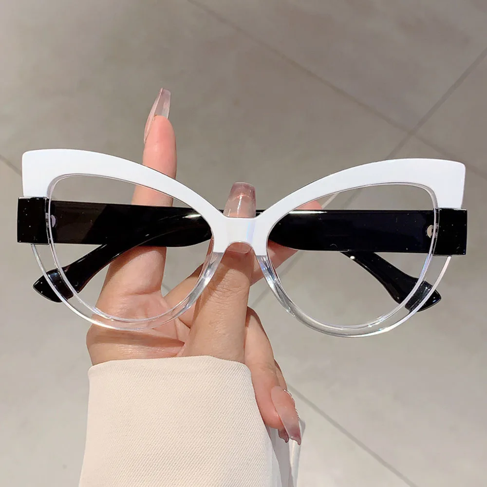 Face Slimming Cat Eye Glasses Women Patchwork Color Block Big Frame Blue Light Blocking Glasses Lightweight Computer Spectacles