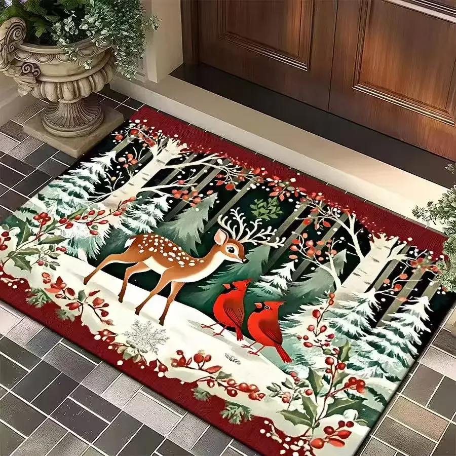 Winter Deer Cardinal Bird Print Door Mat Foyer Garden Doorway Terrace Entry Door Rug Daily Use Christmas Gift