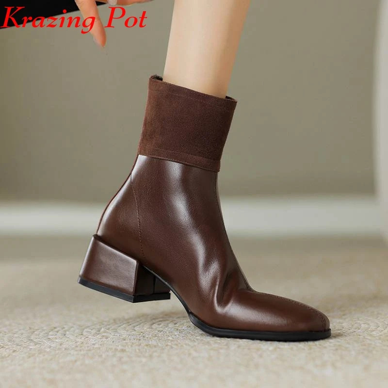 

Krazing Pot Cow Leather Square Toe Med Heels Office Lady Winter Keep Warm Fashion Boots Beauty Formal Dress Ins Chic Ankle Boots