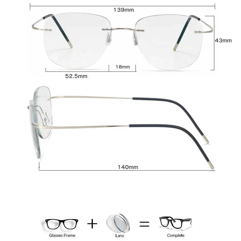 2024 Aviator Rimless Glasses Men's Optical Glasses Prescription Anti Blue Light Myopia Multifocal Lens Reading Glasses Frame