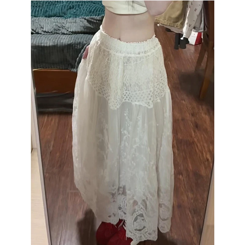 Beach Style 25 New Arrival Women Loose Casual A-line Skirt Hollow Out Devise Summer Mesh Patchwork Lace Ankle-length Skirts T155