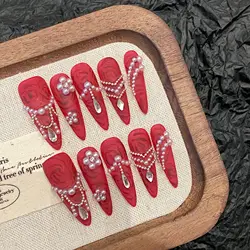 Handmade Press on Nails Chinese Wedding Matte Red Fake Nails Full Cover Wearable Pearl Design Long Almond False Nail Patches