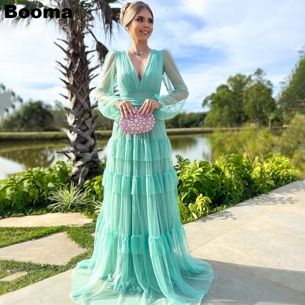 

Booma Mint Green Long Formal Evening Dresses Deep V Neck Tiered Prom Gowns Wedding Guest Dresses for Women 2023 Abendkleider