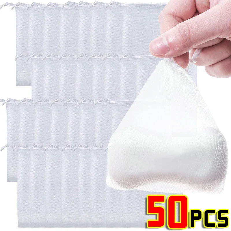1-50PCS Bathroom Soap Foaming Net Bags Facial Cleanser Soap Exfoliating Mesh Drawstring Bag Shower Body Wash Cleaning Supplies