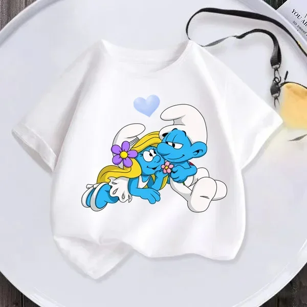 2024 Summer Smurfs Cartoon children's cartoon T-shirt set cartoon print short sleeve casual sportswear for boys and girls