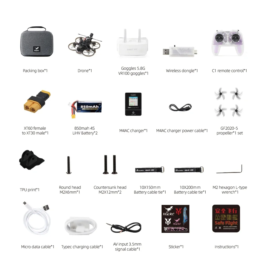 Set RTF entry-level quadricottero drone FPV analogico HGLRC Talon da 2 pollici