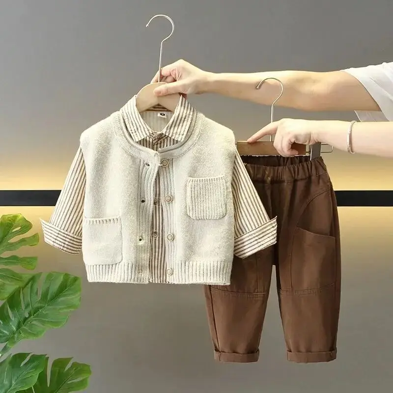 Boys' Autumn Outfit 2026 New Children's Sweater Vest Shirt Pants Three Piece Set