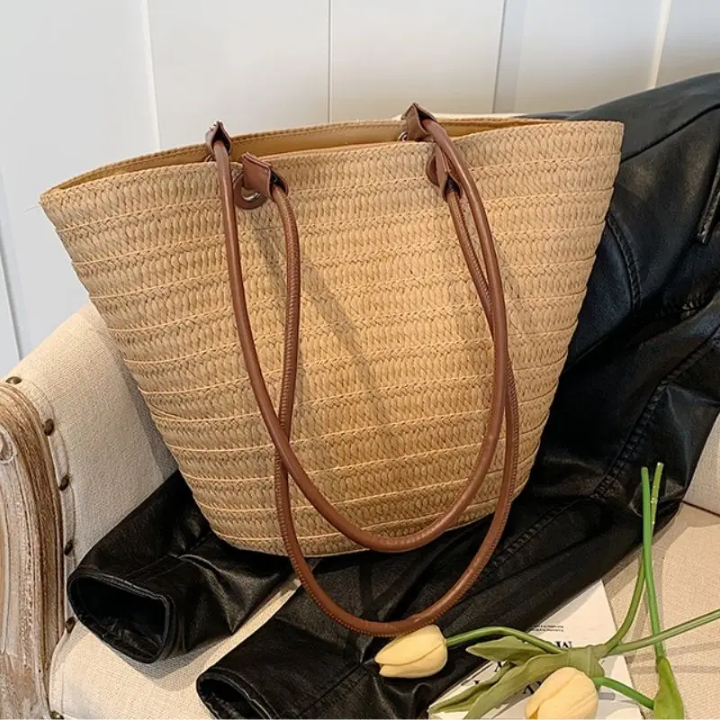 

Сплошной цвет, тканая сумка, женская минималистичная сумка на плечо большой вместимости, женская соломенная коса, повседневная пляжная сумка для отдыха, подмышек, новинка