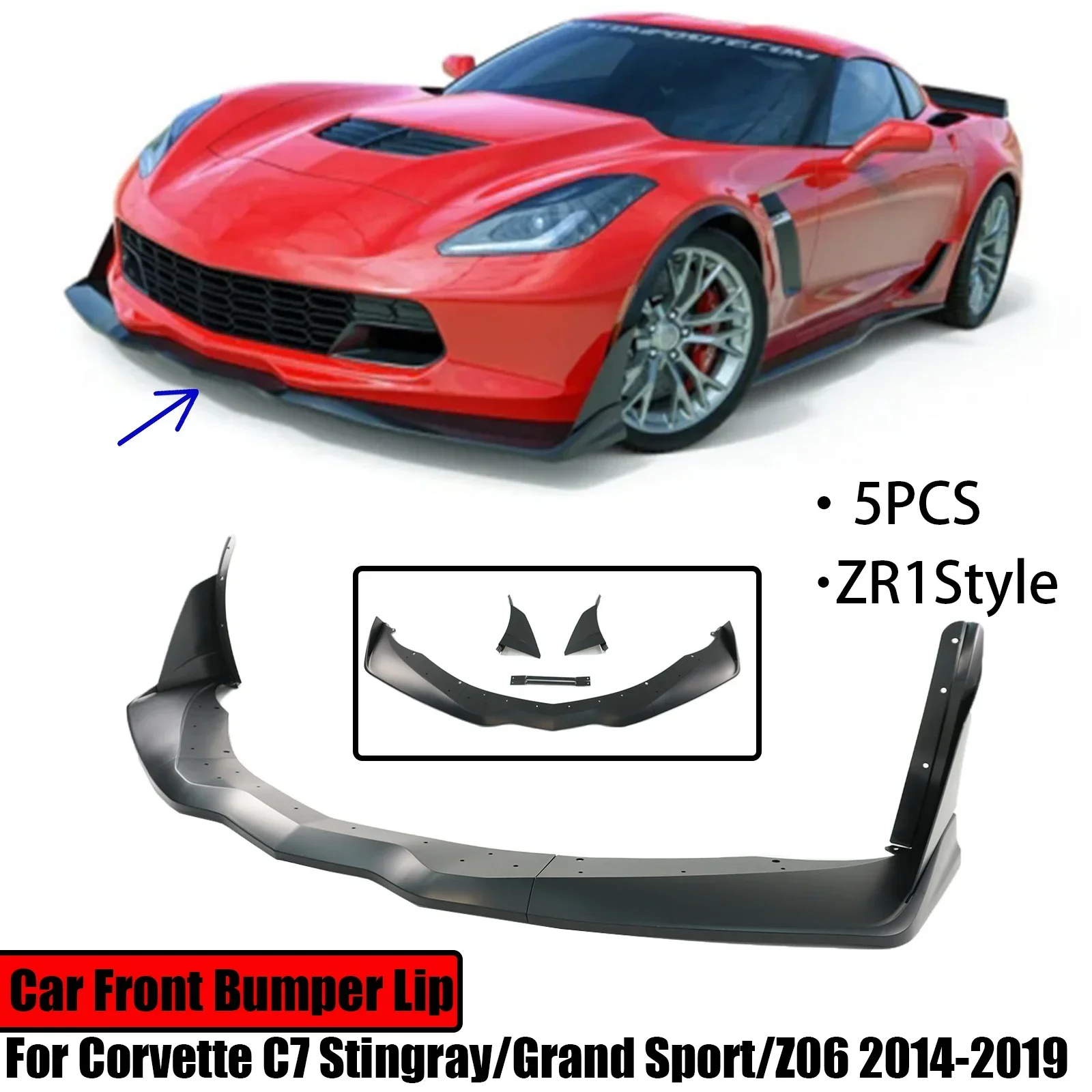 Car Front Bumper Lip With Winglet For Corvette C7 Stingray/Grand Sport/Z06 2014-2019 ZR1 Style Diffuser Body Kit Glossy Black