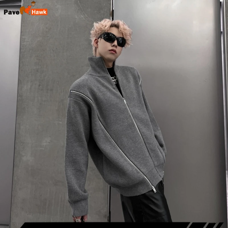 Mens Cardigan New Gray Casual Japanese Thickening Loose Knitted Jacket Trend Double Headed Zipper Warm Sweater Coats 2024