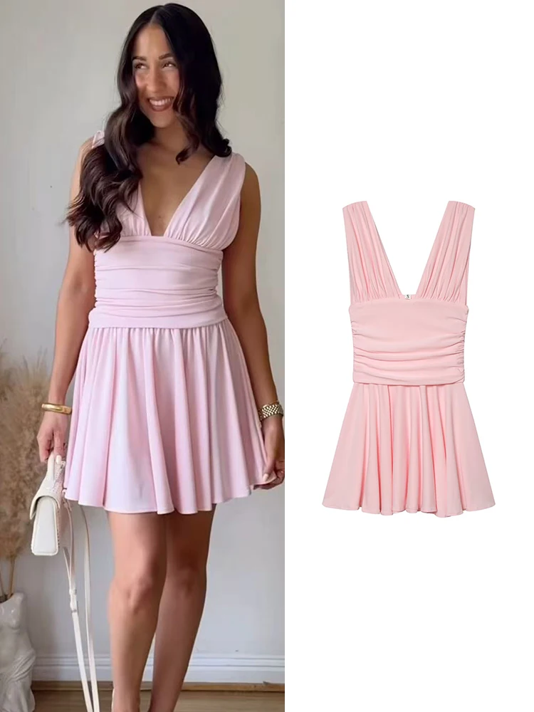 TFMLN Damen Rosa Plissiertes Minikleid Tiefer V-Ausschnitt Elegante A-Linien-Kleider Damen 2026 Sommer Party Club Vestidos Neue Mode