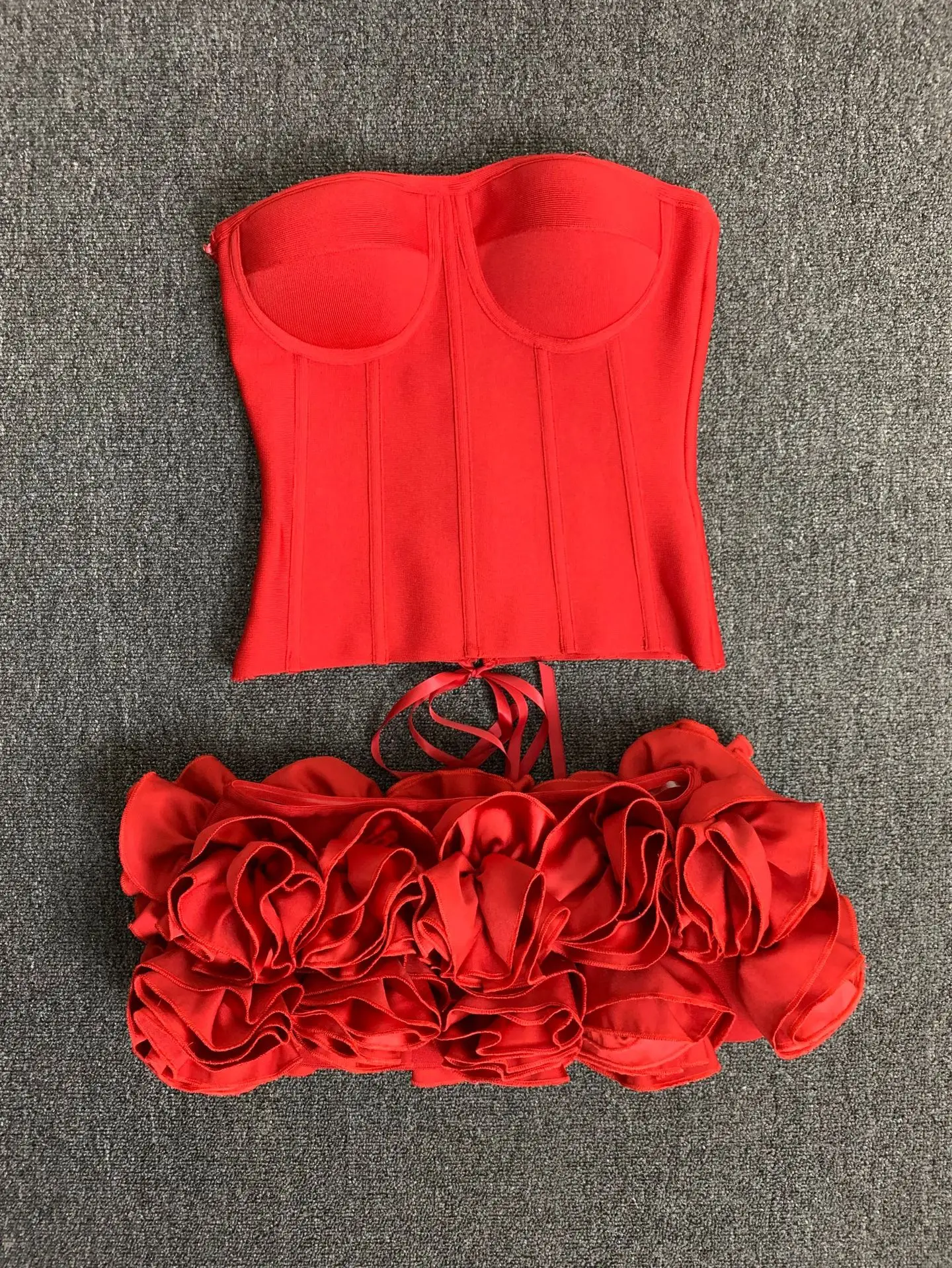 Women Red Bodycon Mini Bandage Outfits Club Party Strapless Laced Up Back Tops And Mini Short Skirts Two Piece Sets Nightwears