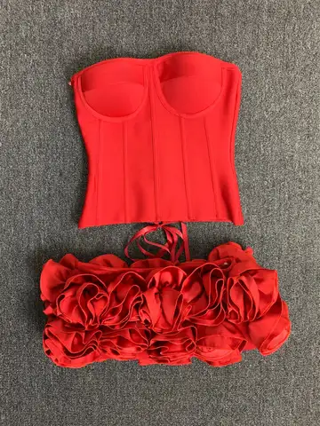 Mini abiti da fasciatura aderenti rossi da donna Club Party Top senza spalline con lacci sul retro e mini gonne corte Set da due pezzi Indumenti da notte