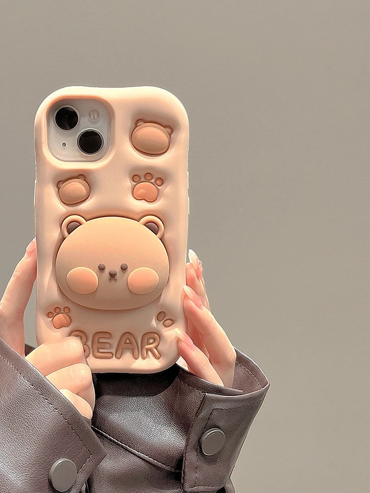 Lovely 3D Bear Hidden Holder Stand Silicone Phone Case For iPhone 11 12 13 14 15 16 Pro Max XS XR X 7 8 Plus Cute Girl Cover