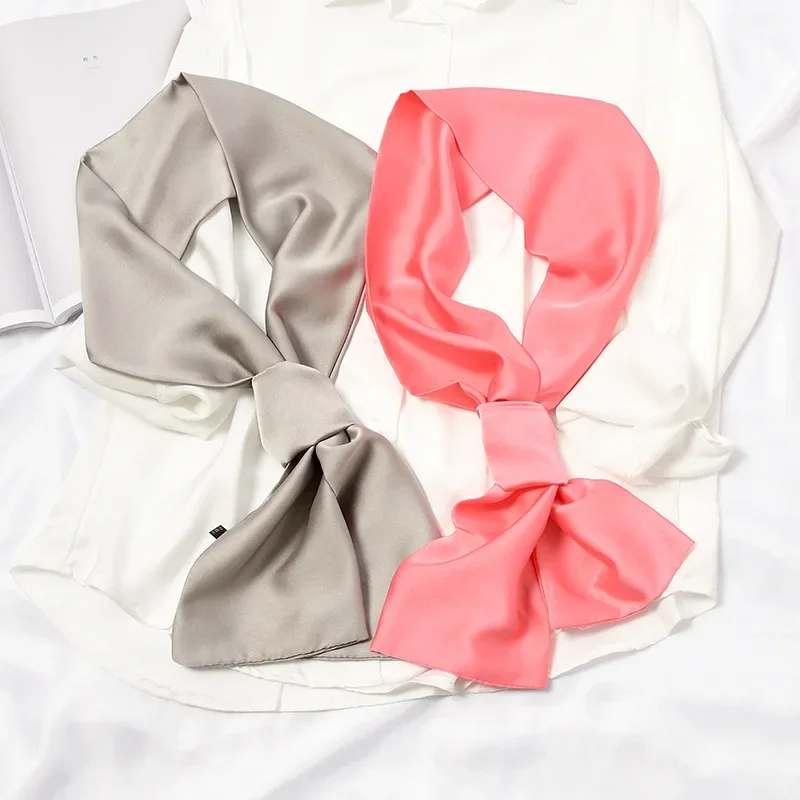 Long Women Neck Scarf Plain Headband Silk Satin Hair Scarf Female 15x140cm Fashion Skinny Bag Scarves For Ladies Beige Pink 2023