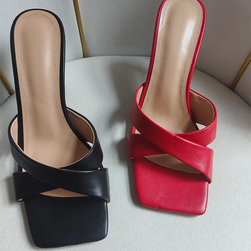 Onlymaker Women Red Square Toe Mules 9.5CM Thin Heel Open Toe Big Size Stiletto Sandals