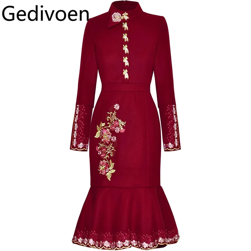 Gedivoen-Vestido sereia manga comprida com gola, bordado vintage, cintura alta, vestidos de festa, passarela, outono e inverno