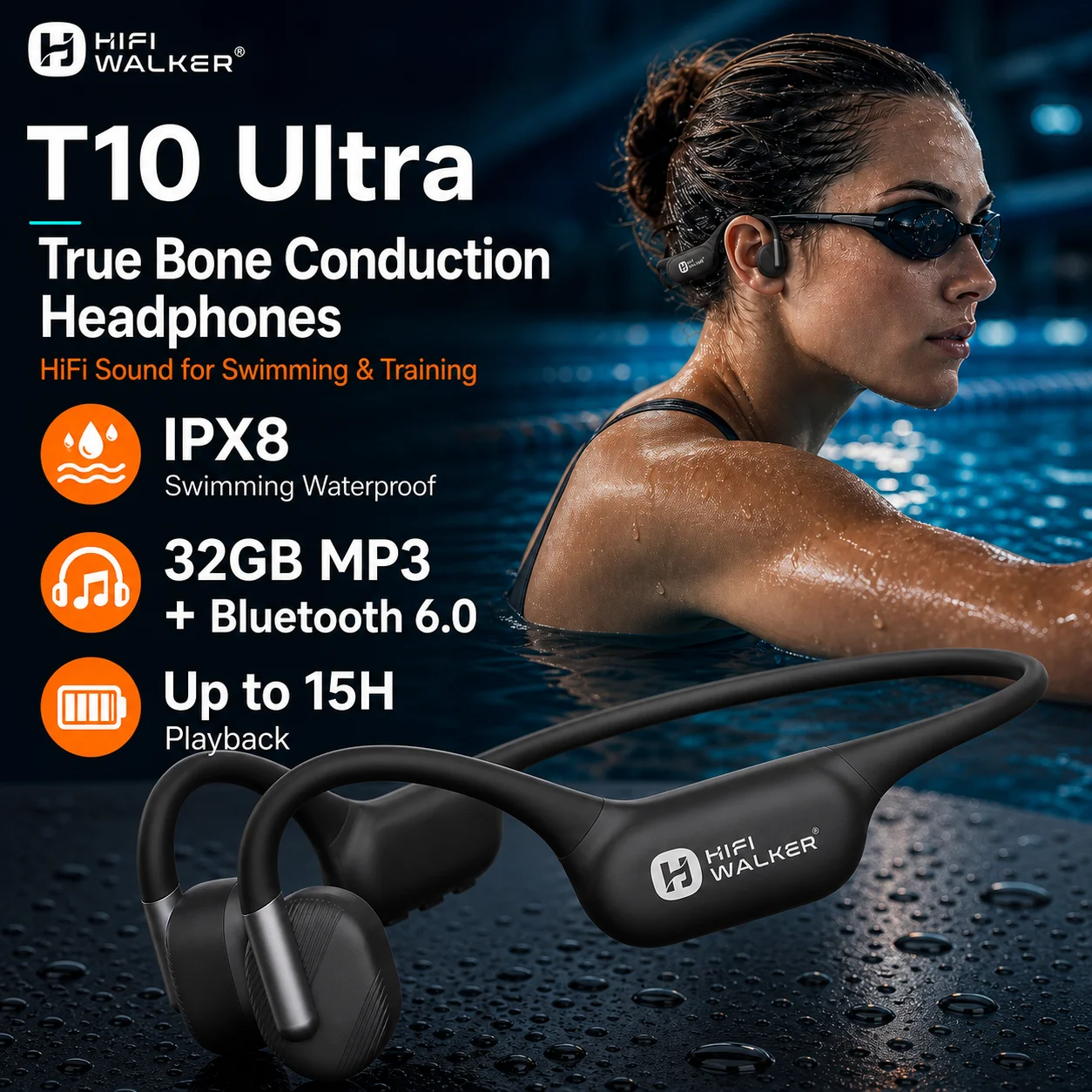 True Bone Conduction Earphones HiFi Walker T10 Ultra, IPX8 Waterproof Bluetooth MP3 Player 32GB Sport Earphones for Swimming