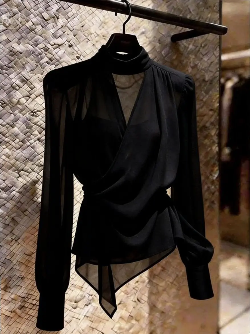 

Elegant V-Neck Long Sleeve Women's Shirt Asymmetric Fashionable Versatile Top for Summer Season French Style Slim Fit Shirt