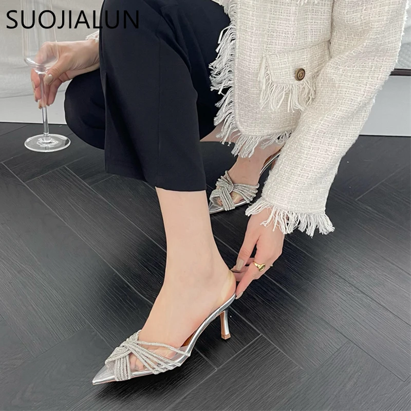 SUOJIALUN 2023 Spring New Pointed Toe Women Sandal Shoes Thin High Heel Ladies Fashion Crystal Bow-knot Dress Party Pumps Shoes