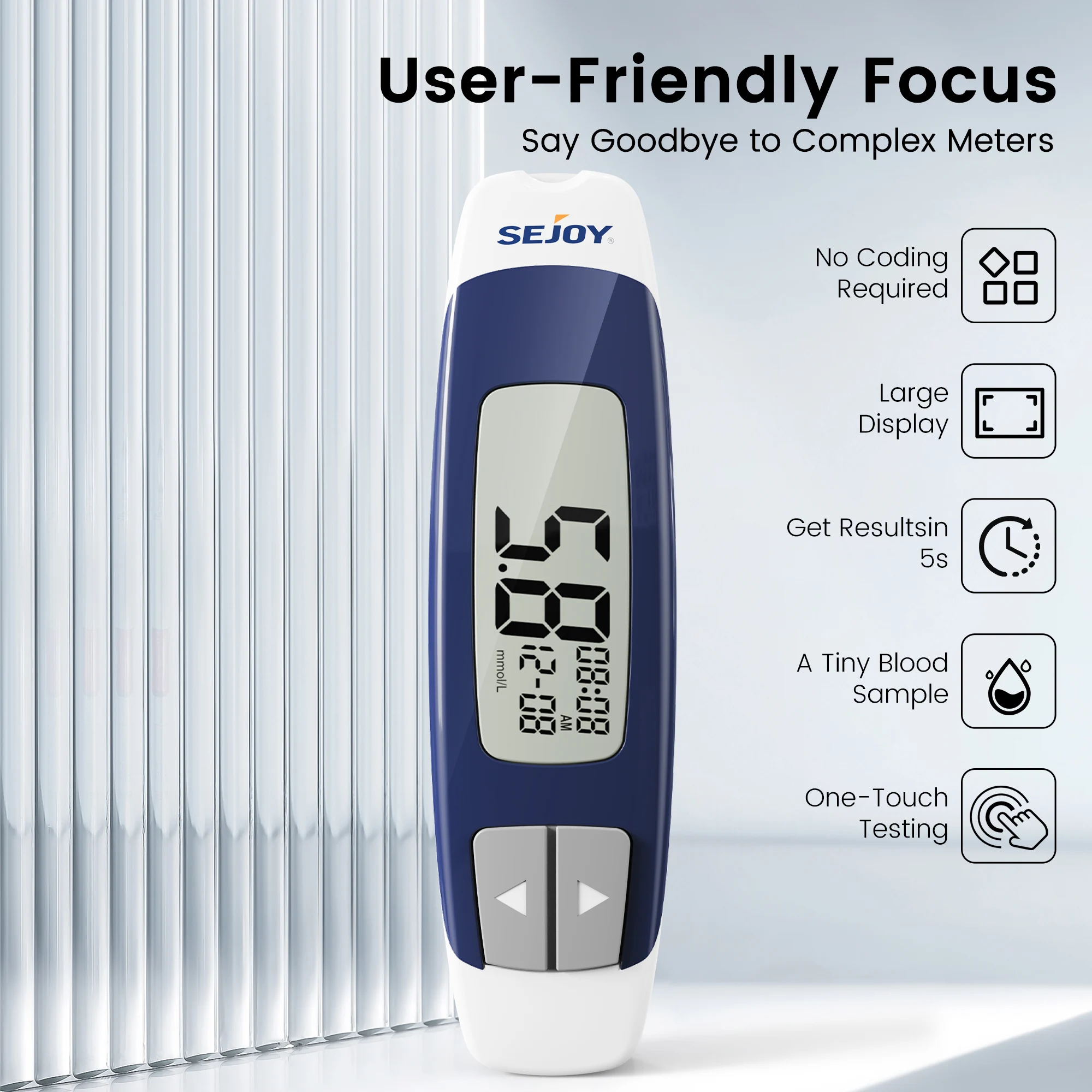 Sejoy BG-203 Blutzuckermessgerät-Set, 50 Stück Teststreifen, Lanzetten für Diabetes-Monitor, digitales Blutzuckermessgerät, Teststreifen werden separat verkauft – Detail 2
