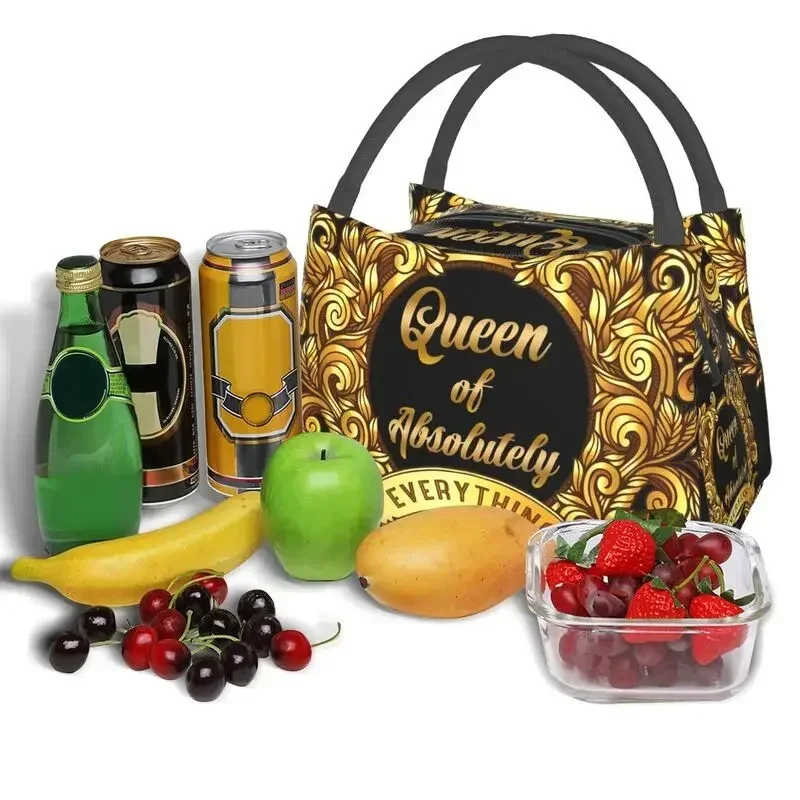 Queen Of Absolutely Gold Floral Baroque Thermal Insulated Lunch Bag Women Lunch Tote for Outdoor Camping Travel Meal Food Box