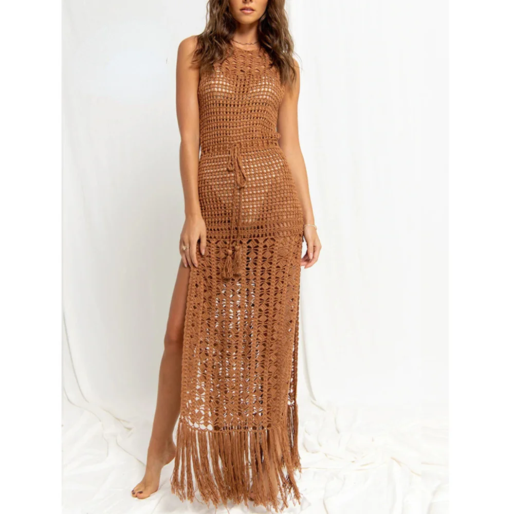 

New Summer Women Bikini Blouse Hollow Lace-up Tassel Swimsuit Coat Boho Dress Female Cover Up Woman Beach Bohemia Maxi Dress