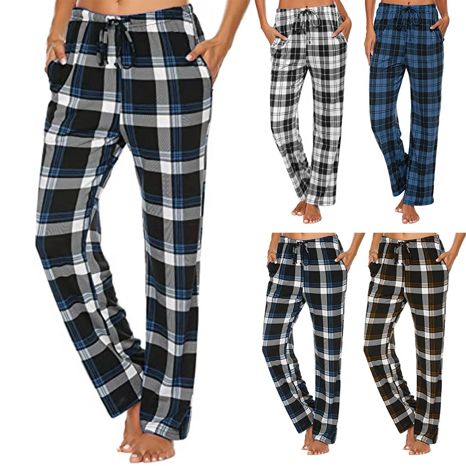 

Womens Plaid Printed Low Waist Ankle-Length Pants Drawstring Straight Slim Fit Womens Trousers Pantalones Mujer Modernos