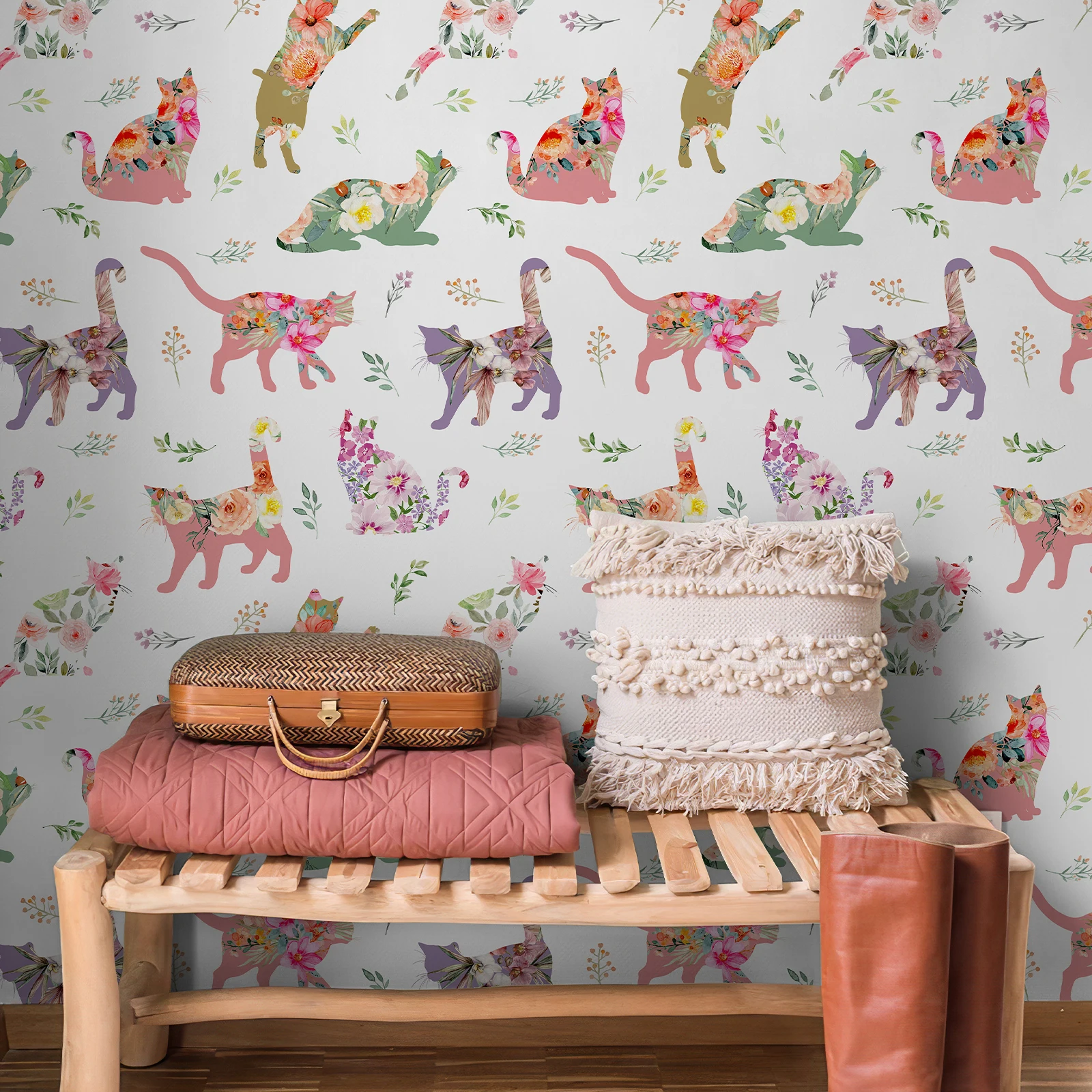 Cute Pink Cat Floral Wallpaper Chic Peel And Stick Cartoon Wall Decoration Elegant Self Adhesive Waterproof Cabinet Sticker
