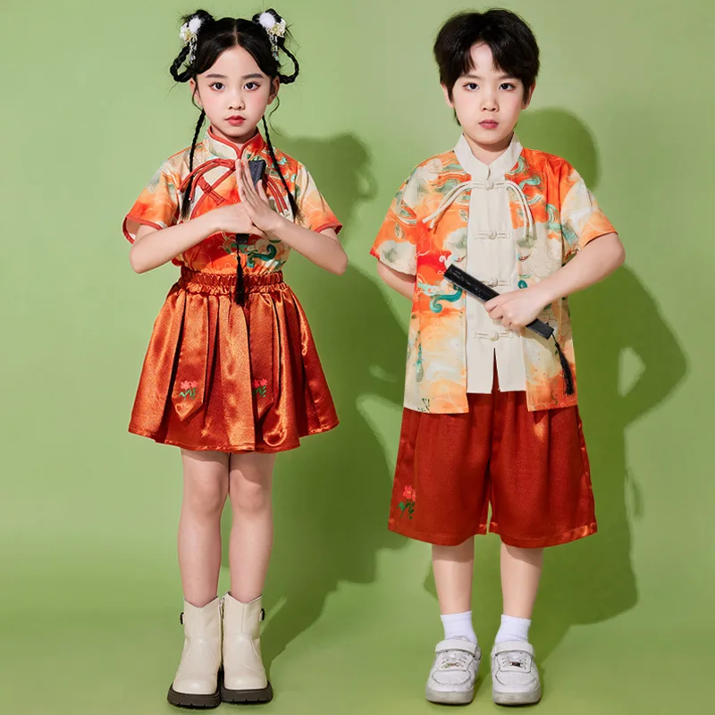 Kids China Dress Of The Tang Dynasty Chinese Traditional Colorful Clouds Print Tops Costume Pants For Children Boy Girl Clothing
