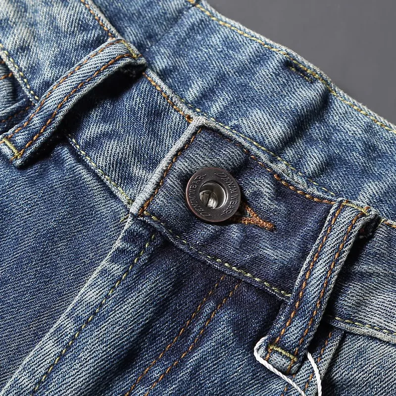 European Trendy Fashion Men Jeans High Quality Retro Blue Elastic Slim Fit Vintage Designer Jeans Men Casual Denim Pants Hombre