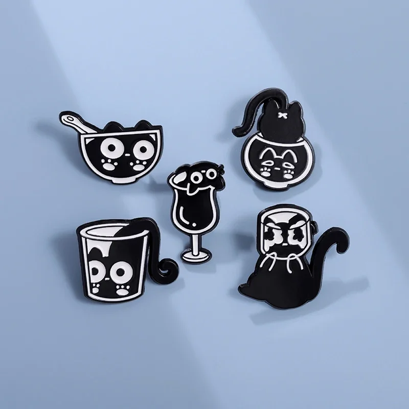 22 Types Cartoon Black Cat in Glass Bottle Enamel Pins Cute Big Eye Cup Jar Kitten Brooches Pot Pet Animal Lapel Badges Jewelry