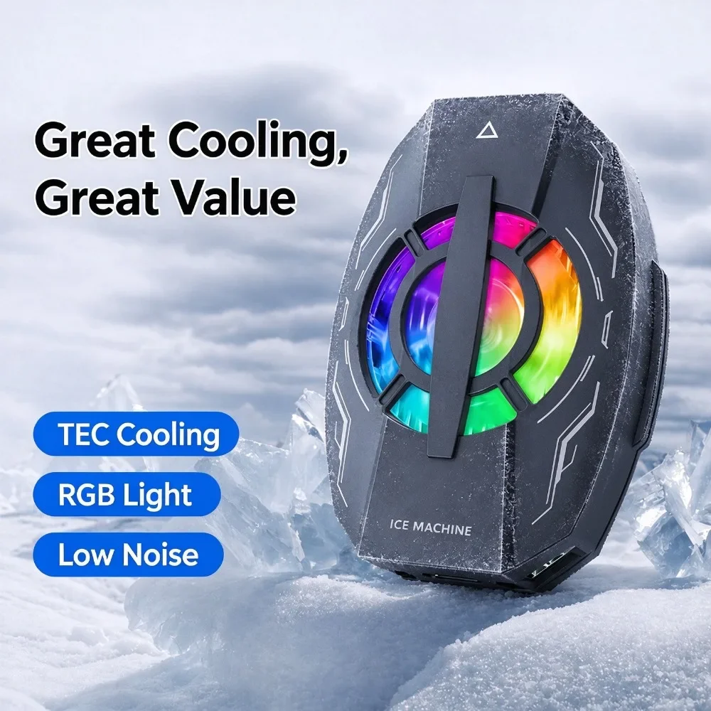 3 Gear Phone TEC Cooler Ice Fast Cooling Cell Phone Radiator, RGB Lighting Phone Heat Sink for Gaming Live Broadcast Smartphone