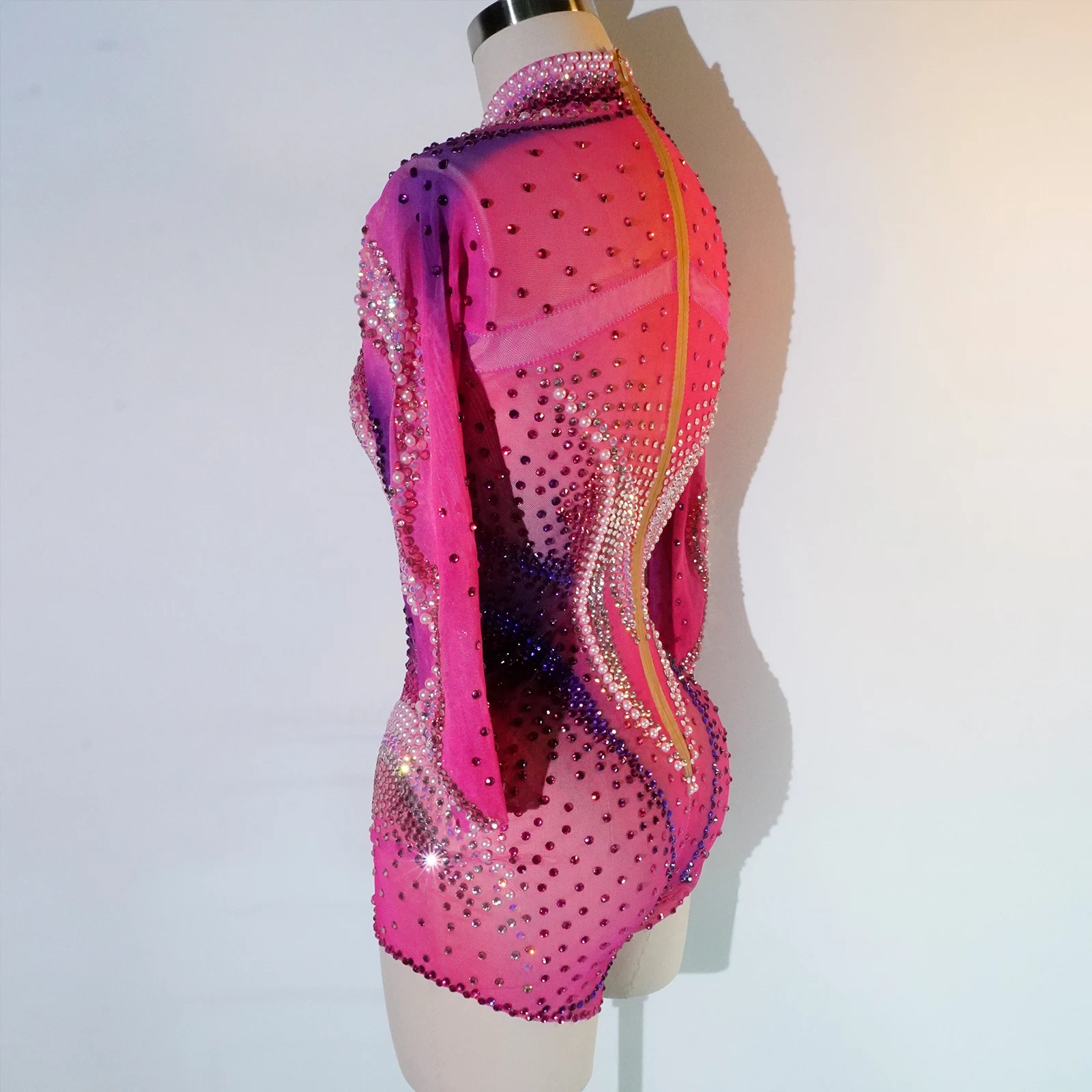 Luxury Pink Rhinestone long sleeve bodysuit Dancer Stage Wear Perform Show Girl Sheer Drag Queen Outfit Bar Nightclub Female DS