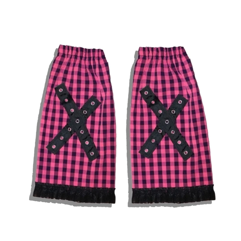 Fashionable Aesthetic Leg Warmer Flared Socks for Women Harajuku Punk Metal Eyelets Checkered Leg Sleeves Boot Cover