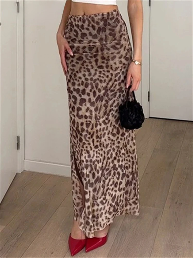 

Ladies Leopard Tulle Midi Skirt Women Sexy Fashion High Waist Elasticated Waistband Mesh Long Skirts Streetwear Outfits Female