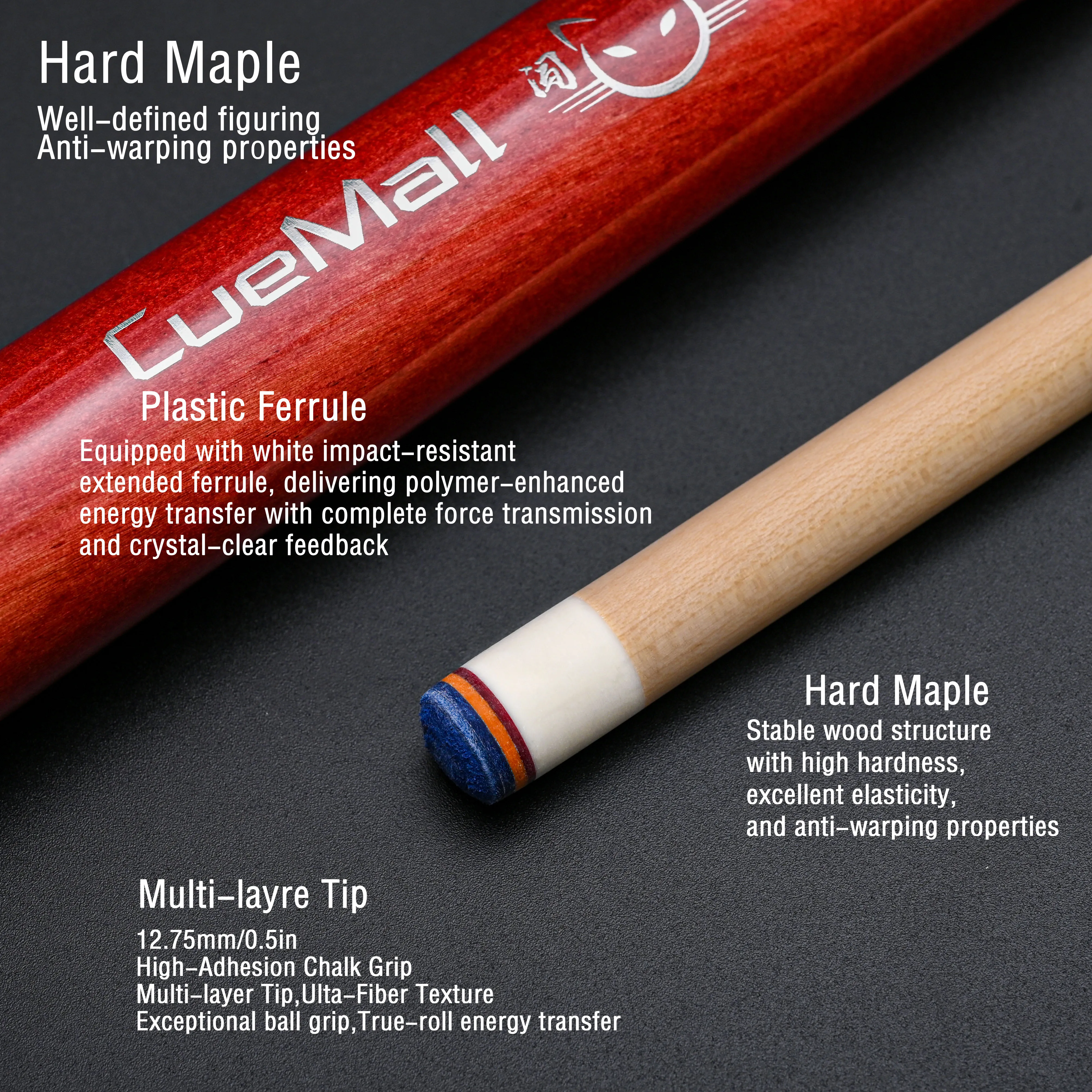 عصا البلياردو الفاخرة من Cue Mall مع وصلة توصيل سريعة من الفولاذ المقاوم للصدأ وطرف متعدد الطبقات ملون