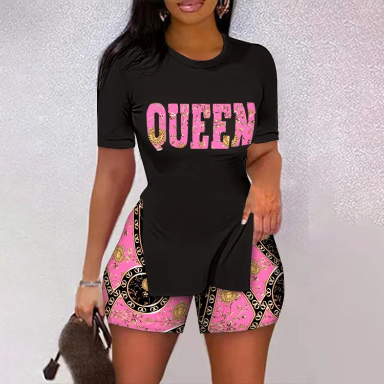 Casual Split Print T Shirt Short Set Women Fashion Short Sleeve Slim T Shirt Outfits Summer Skinny Leopard Shorts Two Piece Set