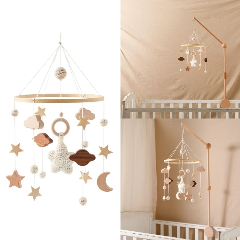 เปลเด็กน่ารักมือถือ Baby Mobile Star Moon Nursery Decor Boho- Crib Mobile Nursery แขวนเตียง เครื่องประดับไม้ D5QA