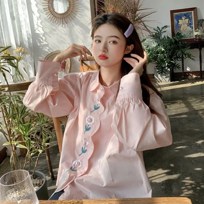 Femme Spring Summer Fashion Sweet Refreshing Preppy Style Embroidered Blouse Solid Color Loose Polo Collar Long Sleeve Top Tee