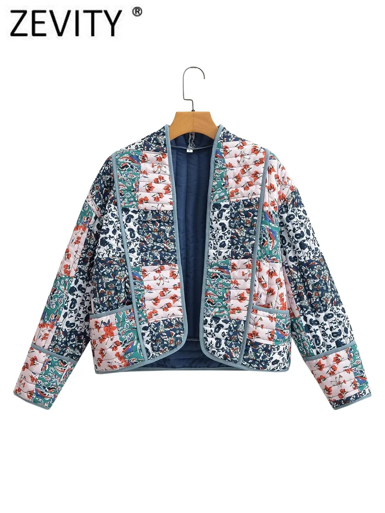 ZEVITY 2023 Women Vintage Cloth Patchwork Flower Print Cotton Padded Jacket Coat Female Pockets Outerwear Chic Short Tops CT5796