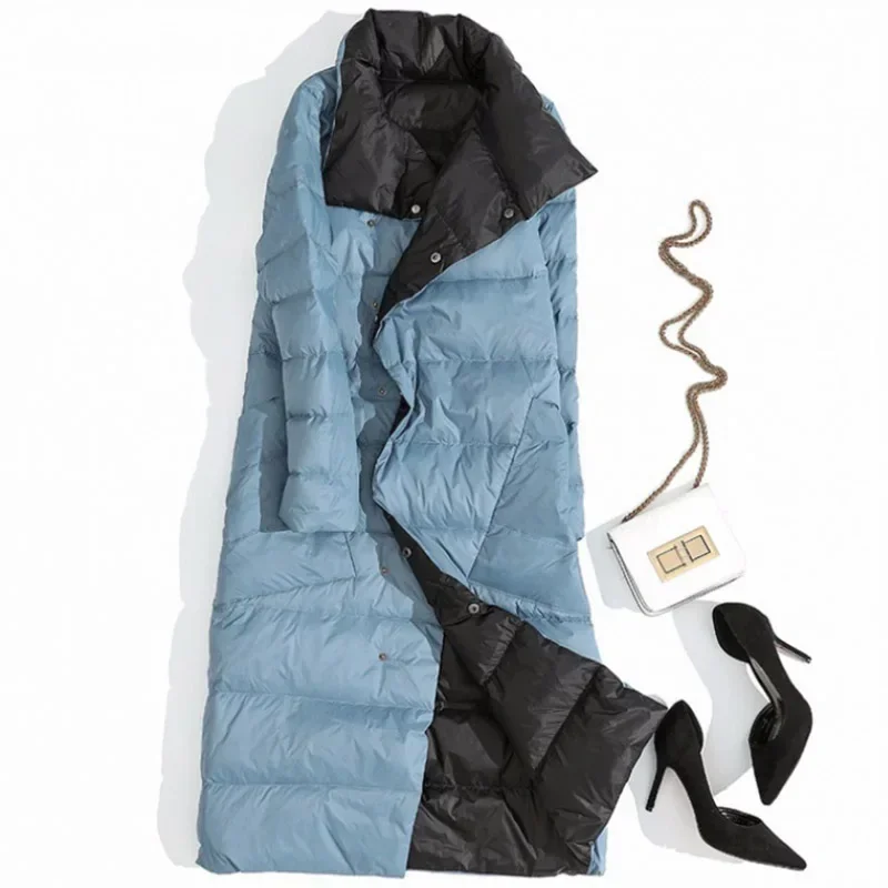 Fitaylor Women Double Sided Down Long Jacket White Duck Down Coat Winter Double Breasted Warm Parkas Snow Outwear