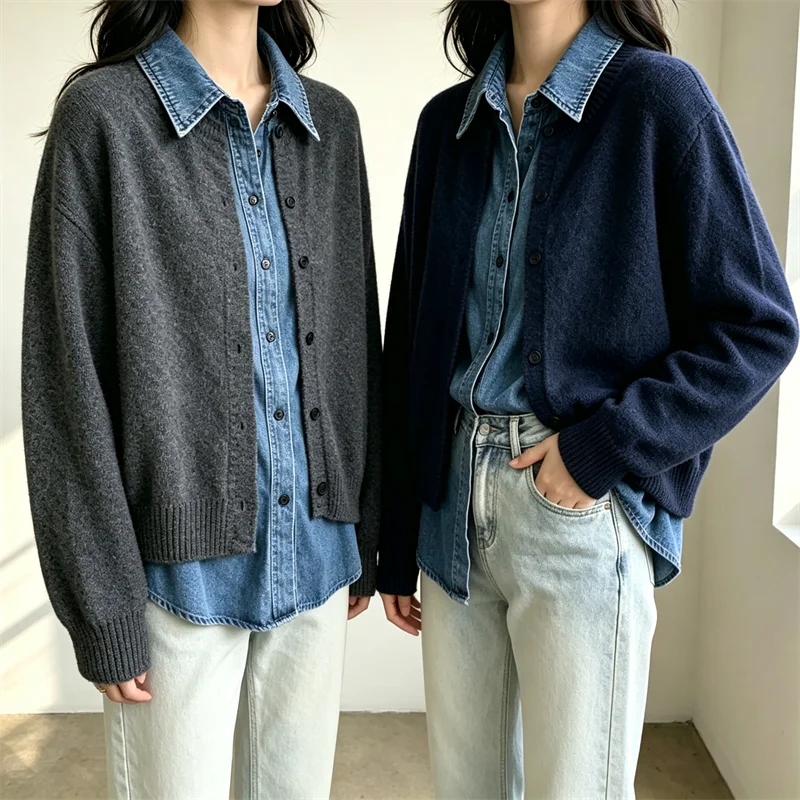 Denim Collar Spliced Knit Cardigan Women Autumn Winter Fake Two‑Piece Long Sleeve Button Sweater Coat Casual Loose Outerwear 595