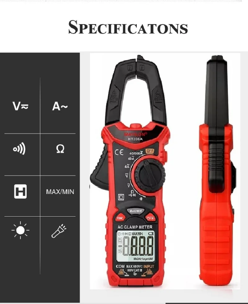 Mayilon HT206D 600A Digital Clamp Meter for Measuring AC/DC Voltage Current NCV Temperature Voltmeter Multimeter HT206A HT206B