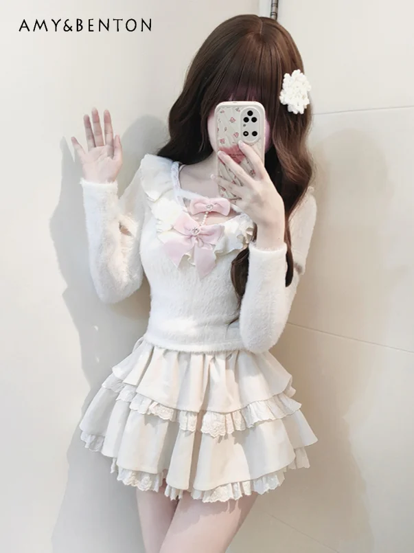 Sweet Soft Sweater Outfits Autumn Winter Cute Lotus Leaf Bow Hollow Plush Pullover High Waist Mini Skirt Two-piece Set Women