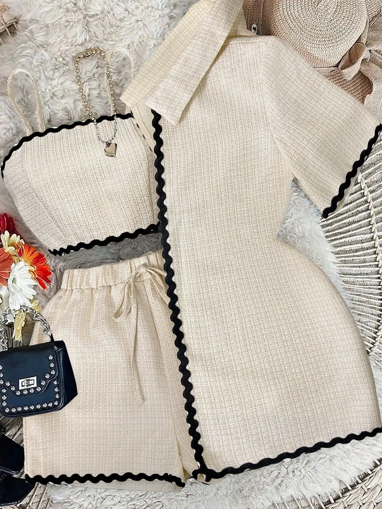 3-delige damesset: Cardigan met golvende zoom, cropped cami & shorts voor casual school of werk