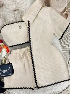 3-Piece Women's Set: Wavy Trim Cardigan, Cropped Cami & Shorts for Casual School or Commute