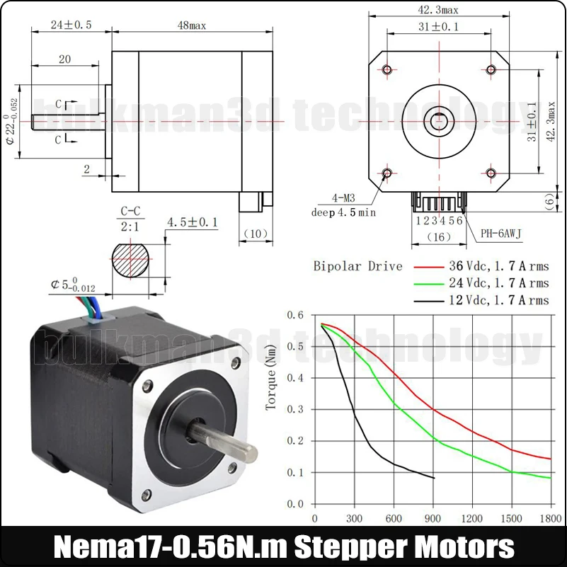 Nema17 Stepper Motor 48mm Bipolar 2A 59Ncm 84oz in 4 Lead 17HS19 2004S1 High Torque for Cnc Laser 3D Printer Xyz Robot