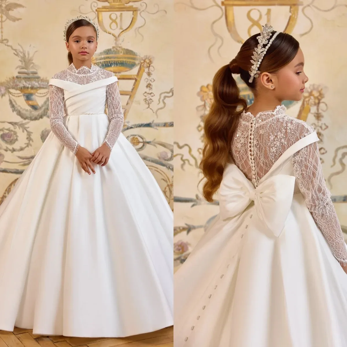 

Белое атласное платье с цветочным узором для девочек по индивидуальному заказу с бантом, кружевными аппликациями, бал для первого причастия, день рождения, выпускная церемония, свадьба