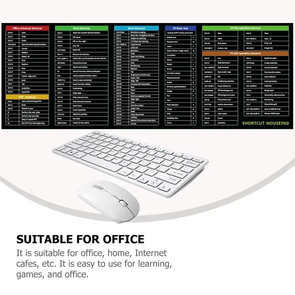 Multiple Languages Office Shortcuts Mouse Pad Large Extended Excel Powerpoint Word Software Gaming Desk Keyboard Mousepad